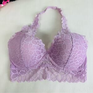 PINK Victoria's Secret Floral Lace Halter Bralette‎ Bra Padded Lavender Sz S
